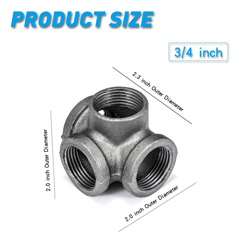 Home TZH 3/4" 4-Way Side Outlet Tee, Home TZH Malleable iron Pipe Fittings for Industrial vintage style, Flanges with Threaded Hole for DIY Project/Furniture/Shelving Decoration (10, 3/4") - Image 3